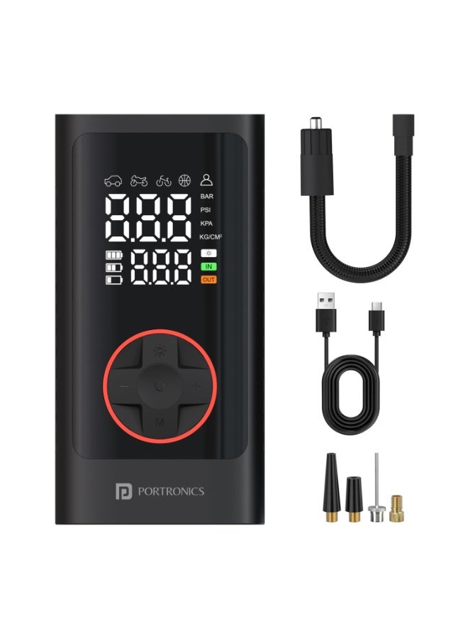 بورترونيكس Portronics Vayu 7.0 Tyre Inflator, Full-Size Digital Display, 4000 mAh Battery, 150 PSI Pressure, Preset Modes, Flashlight with SOS, Pressure Detection, for Cars, Bikes, Bicycles & Balls(Black) - Image 1